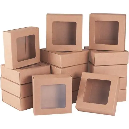 20er Pack Quadratische Kraftpapier Geschenksäcke mit PVC-Deckel für Geburtstagspartikel, Süßigkeiten und Backwaren