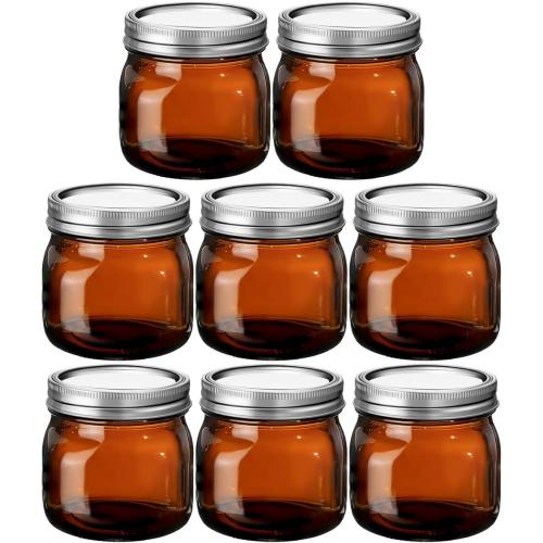 Ball Amber Glass Wide Mouth Mason Jars (16 oz/Pint) 8 Pack. With Airtight lids and Bands - Amber Canning Jar - UV light Protection - Microwave & Dishwasher Safe. 