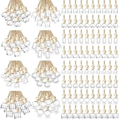 BBTO 200 Pcs Hanging Car Diffuser Bottle Bulk Empty Clear Glass Perfume Bottles Air Freshener Pendant for Essential Oils Fragrance Aromatherapy Car Interior Ornament Decoration (Mixed Style)