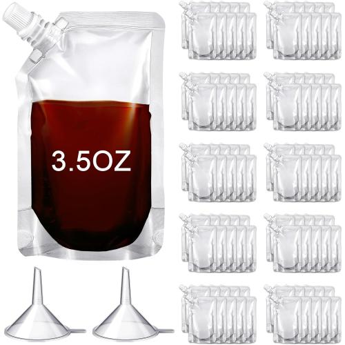 Meanplan 100 Pcs Plastic Flasks Pouches Bulk Reusable Plastic Pouches Leak Proof Juice Pouches Bags with Funnel for Travel Adults Women Men, volume from 3.5oz to 32oz