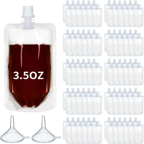 Meanplan 100 Pcs Plastic Flasks Pouches Bulk Reusable Plastic Pouches Leak Proof Juice Pouches Bags with Funnel for Travel Adults Women Men, volume from 3.5oz to 32oz
