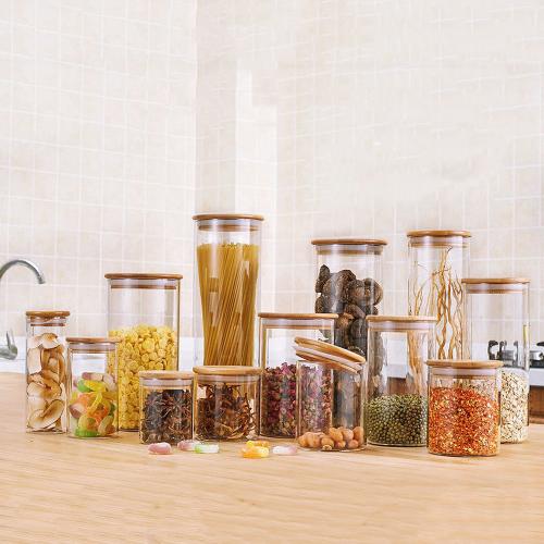 Dia 55mm H 60mm H 80mm H 100mm H 150mm Glass Food Storage Containers Set,Airtight Food Jars with Bamboo Wooden Lids -  Kitchen Canisters For Sugar,Candy, Cookie, Rice and Spice Jars