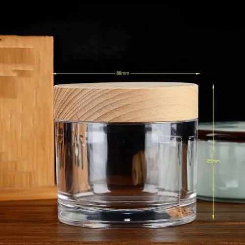 Bouteille crème plastique en verre acrylique avec couvercle en bois, couvercle en bois, fabrication sur mesure pour cosmétiques, aliments et médicaments, Taille F : D88xH85mm, 240ml
