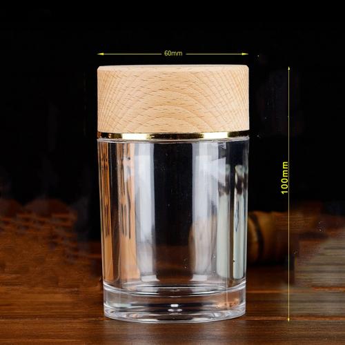 plastic cream bottle acrylic jar with wooden lid wooden cap custom made luxury cosmetic, food, and medicine,Size C: D60xH100mm, 140ml