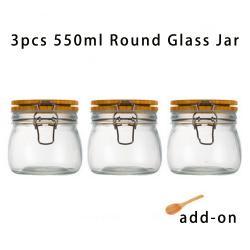 3pcs 550ml Wide Mouth Round Glass Jar - Airtight Storage Jar with wood Bamboo Lid Medium Jar Perfect for Beans, Jelly, Storing and Canning Use