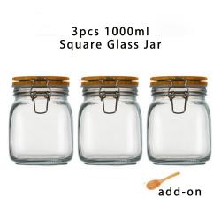 3pcs 1000ml Wide Mouth Square Glass Jar - Airtight Storage Jar with wood Bamboo Lid Medium Jar Perfect for Beans, Jelly, Storing and Canning Use