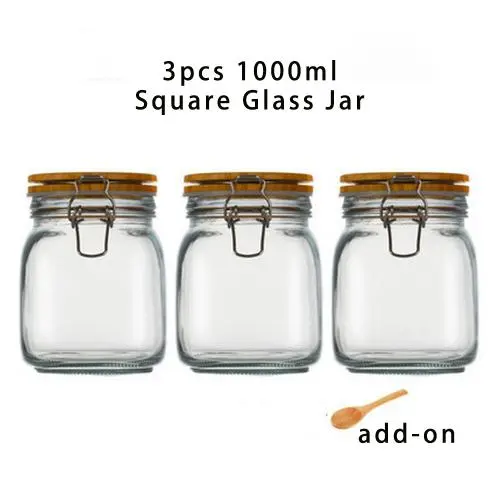 3er Set 1000ml Weite-Mund-Glasbehälter - Dicht verschließbare Behälter mit Holz-Bambusdeckel, Medium Behälter, Perfekt für Bohnen, Gelee, Lagern und Einmachen