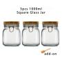 3pcs 1000ml Wide Mouth Square Glass Jar - Airtight Storage Jar with wood Bamboo Lid Medium Jar Perfect for Beans, Jelly, Storing and Canning Use