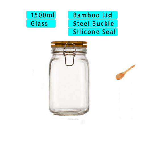 1500ml Wide Mouth Square Glass Jar - Airtight Storage Jar with wood Bamboo Lid Medium Jar Perfect for Beans, Jelly, Storing and Canning Use