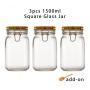 3pcs 1500ml Wide Mouth Square Glass Jar - Airtight Storage Jar with wood Bamboo Lid Medium Jar Perfect for Beans, Jelly, Storing and Canning Use