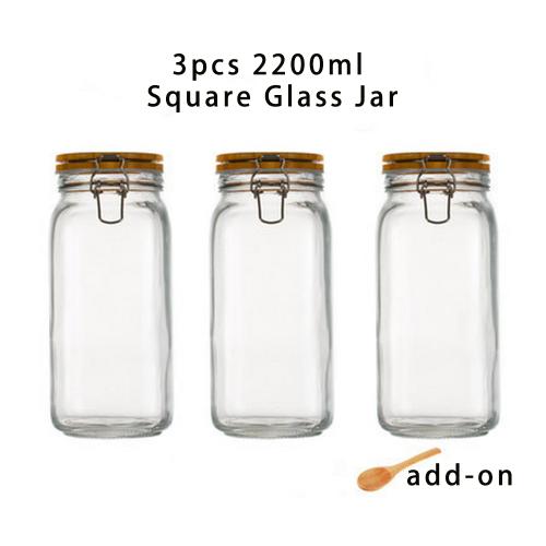 3pcs 2200ml Wide Mouth Square Glass Jar - Airtight Storage Jar with wood Bamboo Lid Medium Jar Perfect for Beans, Jelly, Storing and Canning Use