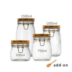 500ml 750ml 1000ml 1500ml total 4pcs Wide Mouth Round Glass Jar - Airtight Storage Jar with wood Bamboo Lid Medium Jar Perfect for Beans, Jelly, Storing and Canning Use