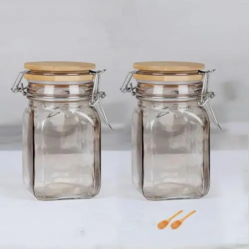 2 Stück 250 ml Fassung mit quadratischem, breitem Glasbehälter – luftdichter Behälter mit Holz-Bambusdeckel, mittelgroßer Behälter, ideal für Bohnen, Gelee, Lagern und Konservieren
