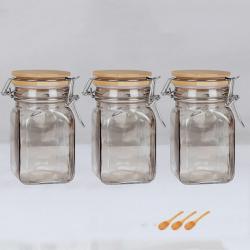 3pcs 250ml Wide Mouth Square Glass Jar - Airtight Storage Jar with wood Bamboo Lid Medium Jar Perfect for Beans, Jelly, Storing and Canning Use