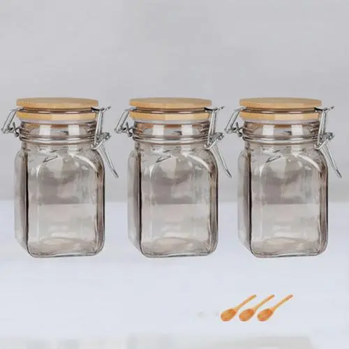 3pcs 250ml Wide Mouth Square Glass Jar - Airtight Storage Jar with wood Bamboo Lid Medium Jar Perfect for Beans, Jelly, Storing and Canning Use