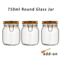 3pcs 750ml Wide Mouth Round Glass Jar - Airtight Storage Jar with wood Bamboo Lid Medium Jar Perfect for Beans, Jelly, Storing and Canning Use