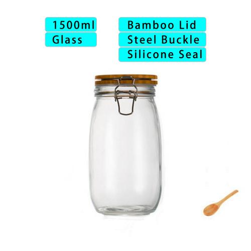 1500ml Wide Mouth Round Glass Jar - Airtight Storage Jar with wood Bamboo Lid Medium Jar Perfect for Beans, Jelly, Storing and Canning Use