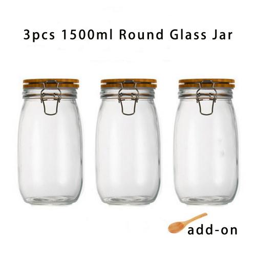 3pcs 1500ml Wide Mouth Round Glass Jar - Airtight Storage Jar with wood Bamboo Lid Medium Jar Perfect for Beans, Jelly, Storing and Canning Use