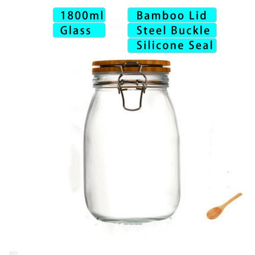 1800ml Wide Mouth Round Glass Jar - Airtight Storage Jar with wood Bamboo Lid Medium Jar Perfect for Beans, Jelly, Storing and Canning Use