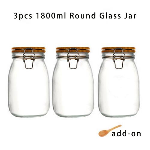 3pcs 1800ml Wide Mouth Round Glass Jar - Airtight Storage Jar with wood Bamboo Lid Medium Jar Perfect for Beans, Jelly, Storing and Canning Use