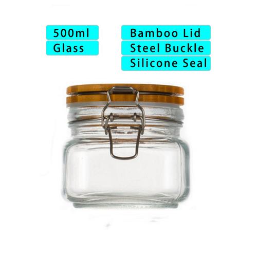 500ml Wide Mouth Square Glass Jar - Airtight Storage Jar with wood Bamboo Lid Medium Jar Perfect for Beans, Jelly, Storing and Canning Use