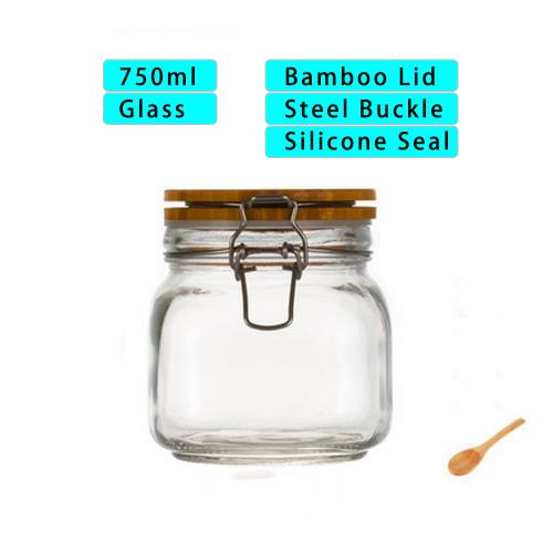 750ml Wide Mouth Square Glass Jar - Airtight Storage Jar with wood Bamboo Lid Medium Jar Perfect for Beans, Jelly, Storing and Canning Use