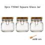 3pcs 750ml Wide Mouth Square Glass Jar - Airtight Storage Jar with wood Bamboo Lid Medium Jar Perfect for Beans, Jelly, Storing and Canning Use