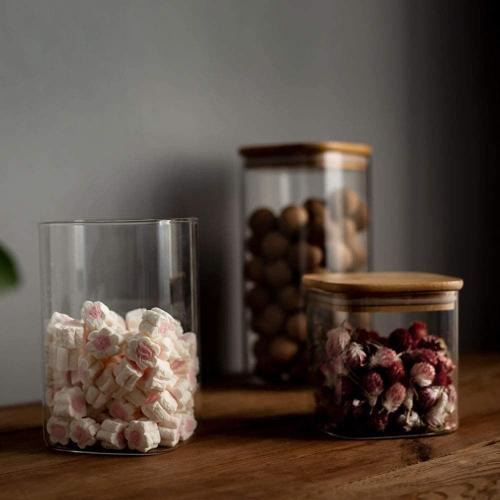 800ml Glass Storage Jar with Airtight Lid, Square Glass Tea Tin, Transparent Glass Canister for Ground Coffee, Tea Bag, Rice, Flour, Dog Cookies and More