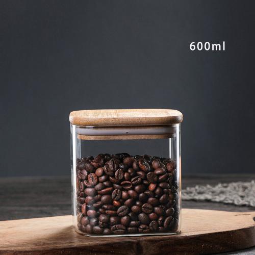 600ml Glass Storage Jar with Airtight Lid, Square Glass Tea Tin, Transparent Glass Canister for Ground Coffee, Tea Bag, Rice, Flour, Dog Cookies and More