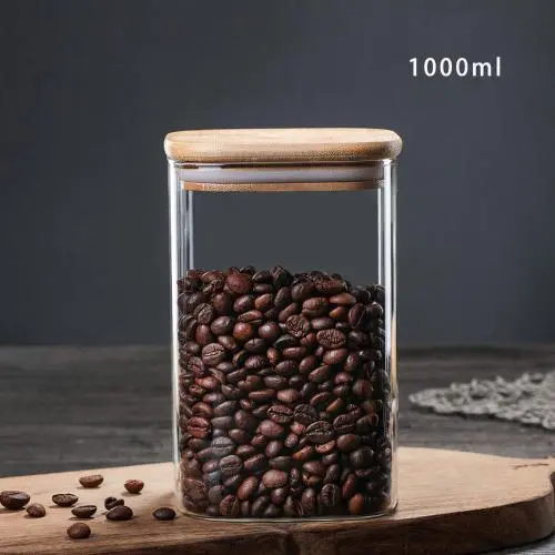 1000ml Glass Storage Jar with Airtight Lid, Square Glass Tea Tin, Transparent Glass Canister for Ground Coffee, Tea Bag, Rice, Flour, Dog Cookies and More