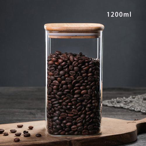 1200ml Glass Storage Jar with Airtight Lid, Square Glass Tea Tin, Transparent Glass Canister for Ground Coffee, Tea Bag, Rice, Flour, Dog Cookies and More