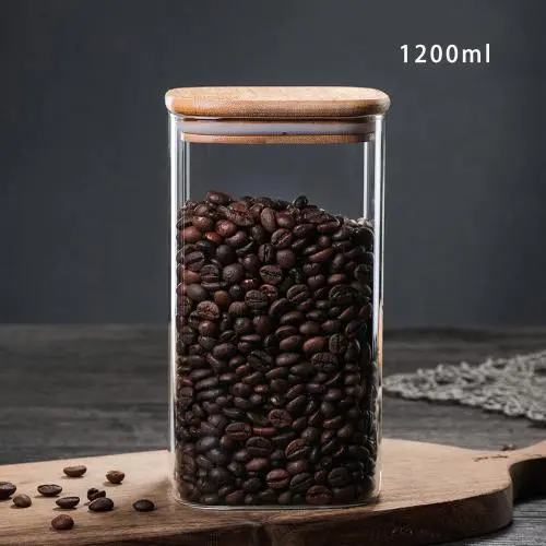 Bouteille en verre 1200ml avec couvercle étanche, boîte en verre carrée pour thé, pot transparent en verre pour café moulu, sachets de thé, riz, farine, biscuits pour chien, etc. Bouteille en verre 1200ml avec couvercle étanche, boîte en verre carrée pour thé, pot transparent en verre pour café moulu, sachets de thé, riz, farine, biscuits pour chien, etc.