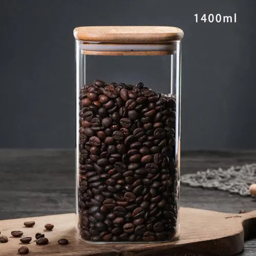 Glasbehälter 1400ml mit Deckel, Quadratische Glas Teetüte, Transparente Glas Dose für Kaffeepulver, Teebeutel, Reis, Mehl, Hundekekse u.v.m.