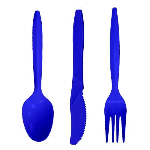 Einweg-Plastiklöffelset, robust, farbige Plastikgeschirr - Enthält 32 Gabeln, 32 Löffel und 32 Messer (Dunkelblau, 96 Stück)