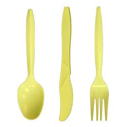 Disposable Plastic Cutlery Set Heavy Duty Colored Plastic Tableware - Includes 32 Forks, 32 Teaspoons, and 32 Knives (Yellow, 96)