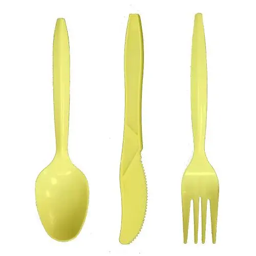 Einweg Plastik Besteck Set – Robust, Bunt – Enthält 32 Gabeln, 32 Löffel und 32 Messer (Gelb, 96 Stück)