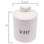 Creative Co-op DA5576 Woof Ceramic Dog Treat Jar with Bone Handle in Lid, 6" Round x 8.5" Tall, White