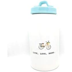 Rae Dunn by Magenta Ceramic 8" Canister with a picture of a bicycle with flowers in a basket with the wording LIVE, LOVE, BARK and a baby blue top