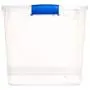 Homz Plastic Storage, Modular Stackable Storage Bins with Blue Latching Handles, 31 Quart, Clear, 4-Pack Homz Plastic Storage, Modular Stackable Storage Bins with Blue Latching Handles, 31 Quart, Clear, 4-Pack