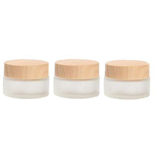 30ml/1oz Frosted Clear Glass Wide Mouth Cosmetic Jars with Wood Color Plastic Screw Lid and PP Inner Makeup Sample Cream Lotion Storage Holder Travel Packing Bottles Containers Pack of 3