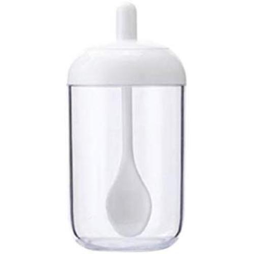 Cabilock Transparent Spice Jars With Spoon Round Storage Jars Kitchen Sugar Container with Glass Lid and Spoon for Kitchen (White)
