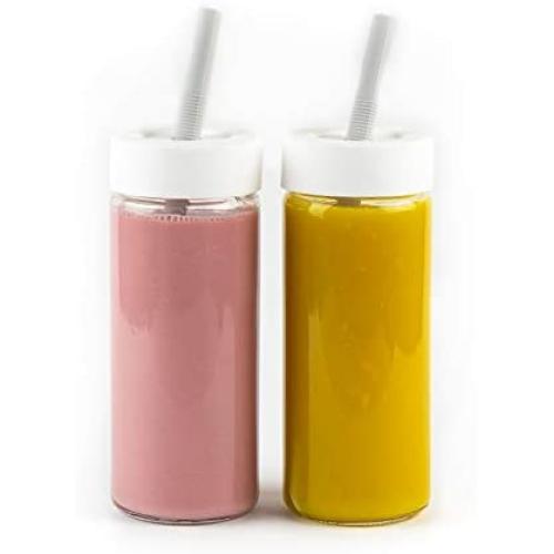 Glass Tumbler with Silicone Straw and Lid - Reusable Smoothie Cup for Juices, Water, Beverages - 16 oz, Wide Mouth Drinking Bottle with Caps, 2 Pack Set (2 pack)
