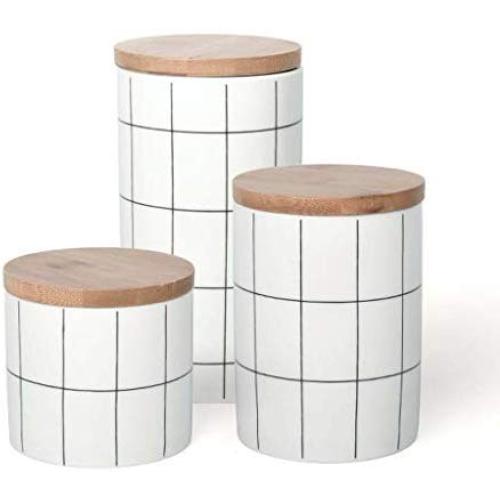 3 Piece Food Storage Jars,Food Storage Containers Set with Airtight Wooden Lids Small Coffee Canisters for Kitchen,Pantry Organization and Storage for Tea Coffee Sugar Snacks Spice,White