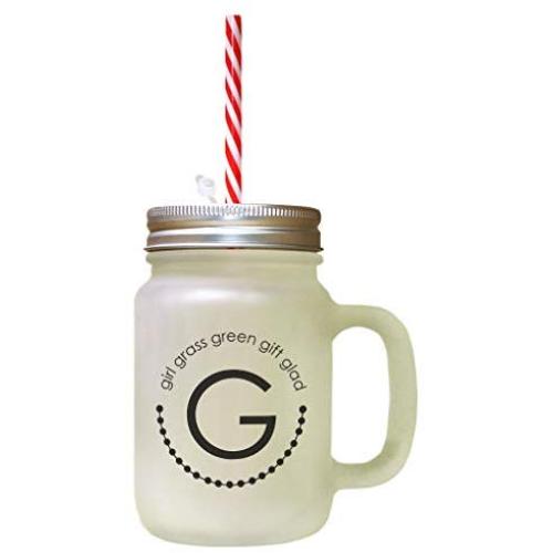 Black Alphabet G, Girl Grass Green Gift Glad Frosted Glass Mason Jar With Straw