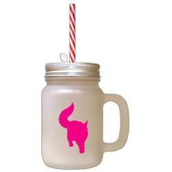 Hot Pink Maine Coon Cat Silhouette #3 Frosted Glass Mason Jar With Straw