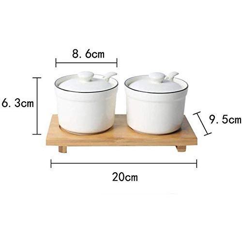 Kitchen seasoning box/Ceramic Condiment Storage Container with Wooden Pallet Oil Salt Spice Jars Box Three-Piece Set (Color : A)