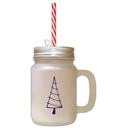 Navy Christmas Tree #3 Frosted Glass Mason Jar With Straw