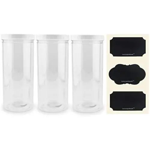 Tall Clear Plastic Canisters w Lids and Labels (3-Pack, 2.5 quart / 10 cup capacity); 10-inch High BPA-free PET Plastic 80oz Jars Great for Food & Home Storage, White Lids, Chalk Labels