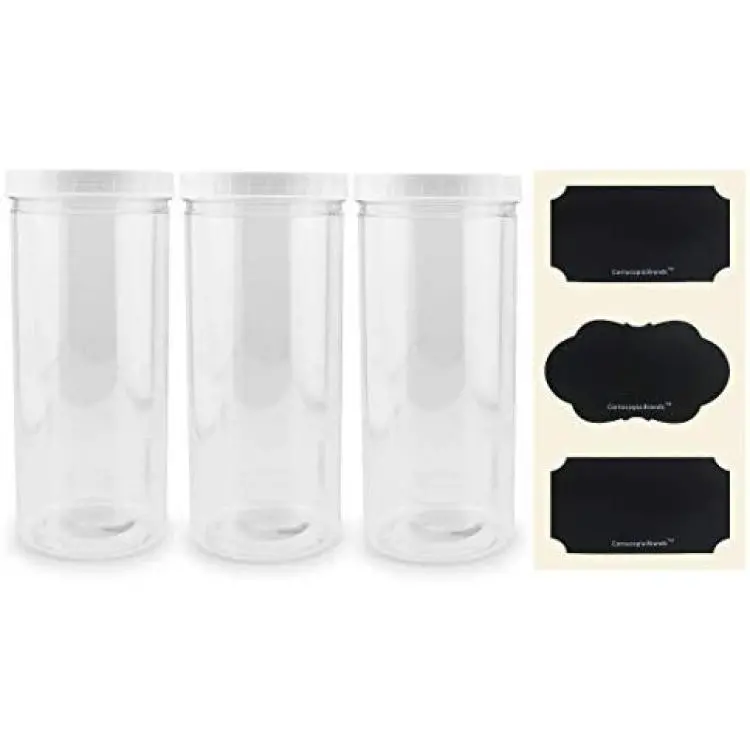 Tall Clear Plastic Canisters w Lids and Labels (3-Pack, 2.5 quart