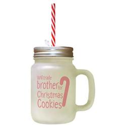 Soft Pink Brother Christmas Cookes Frosted Glass Mason Jar With Straw